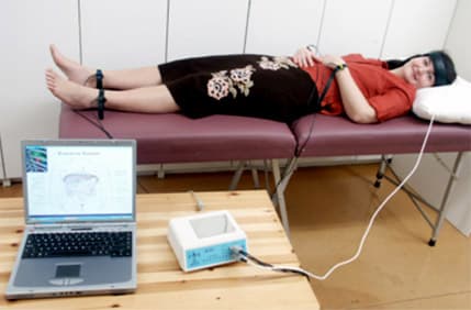 SCIO biofeedback seansı — bilek, ayak bileği ve baş bağlantılarıyla dinlenen danışan